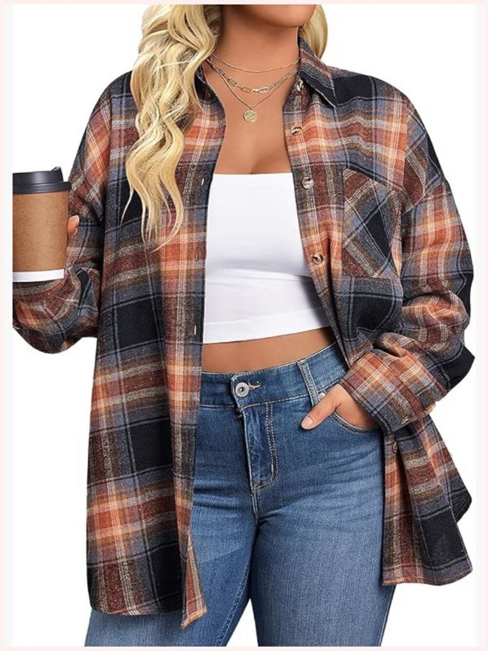 Plus Size Flannel Plaid Button Down Shirt Long Sleeve Blouse Top